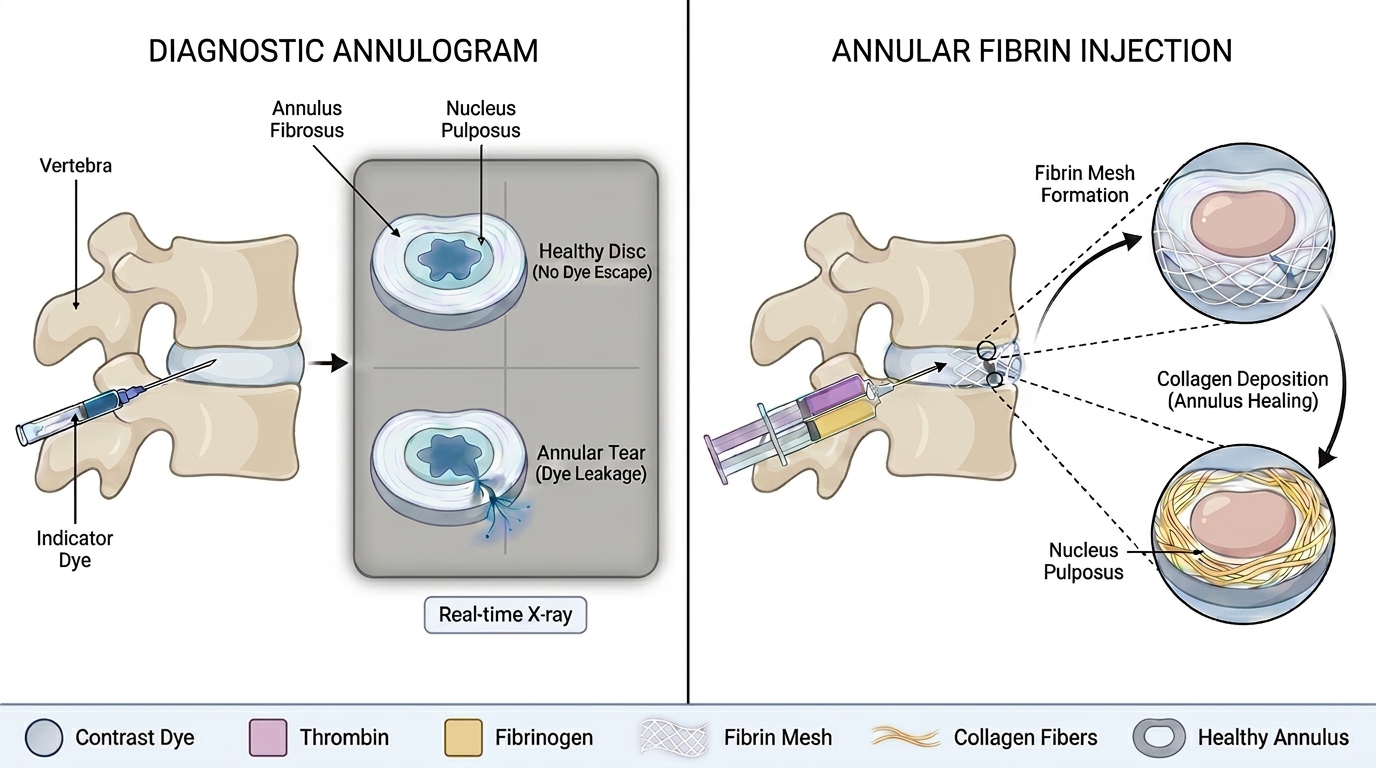 Side-by-side diagram: left shows diagnostic annulogram with contrast dye injected into disc revealing annular tear under real-time X-ray; right shows annular fibrin injection with thrombin and fibrinogen forming fibrin mesh and collagen deposition