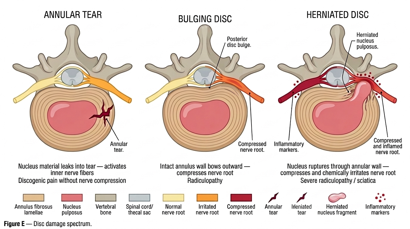 Three-panel medical diagram showing the disc damage spectrum: left panel shows an annular tear with nucleus material leaking into the tear activating inner nerve fibers causing discogenic pain; center panel shows a bulging disc with the intact annulus wall bowing outward compressing the nerve root causing radiculopathy; right panel shows a herniated disc with nucleus rupturing through the annular wall compressing and chemically irritating the nerve root causing severe radiculopathy and sciatica